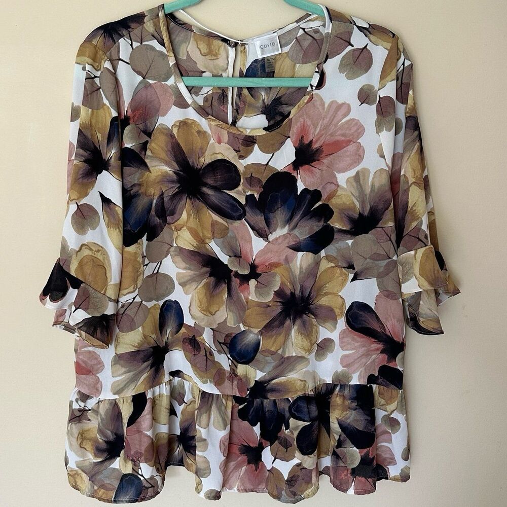 Cupio Dark Moody Floral Sheer Short Sleeve Boxy Ruffle Crew Neck Blouse Size XL
